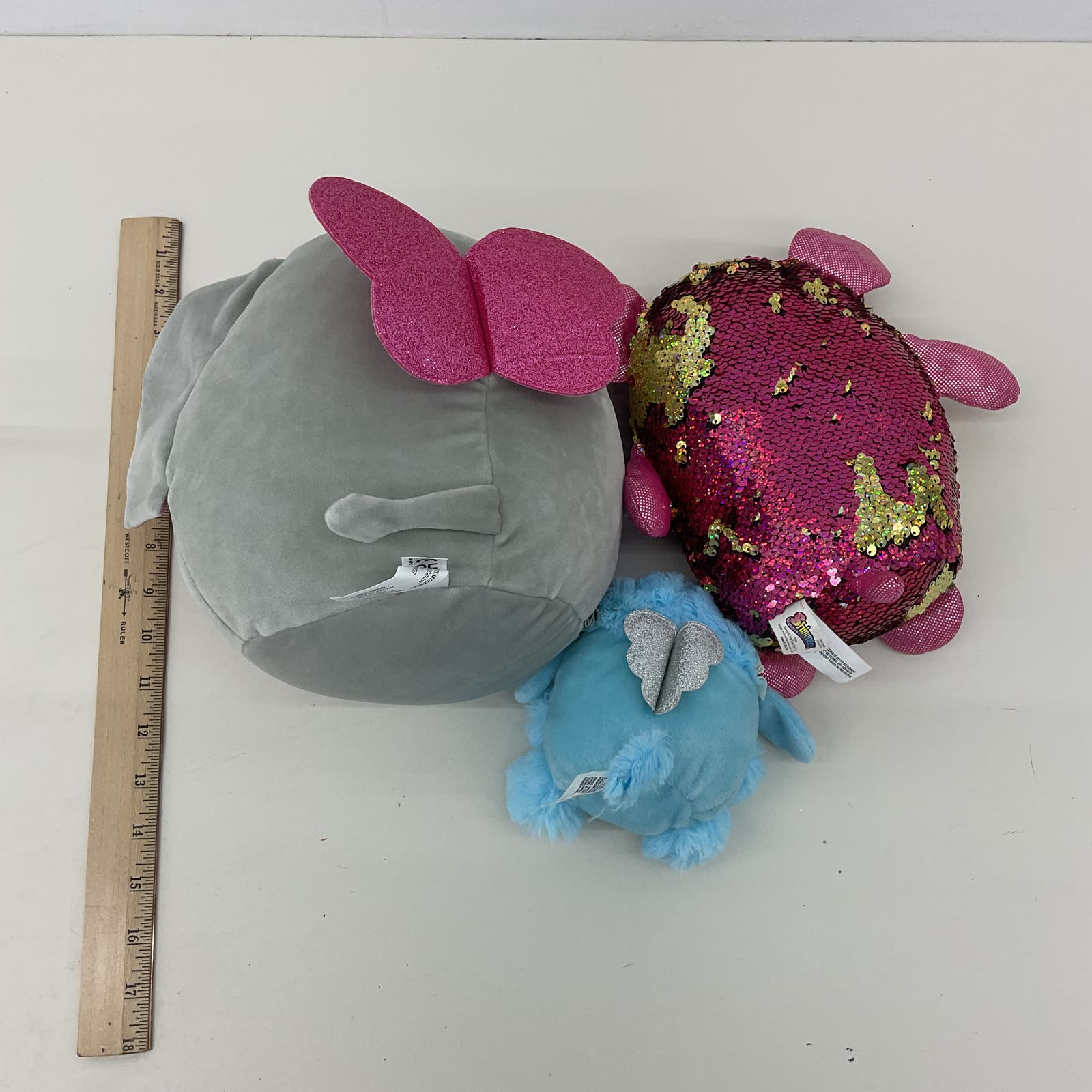 Preowned Shimmeez LOT Sequin Pig Blue Mini Cat & Gray Unicorn Elephant Plush - Warehouse Toys