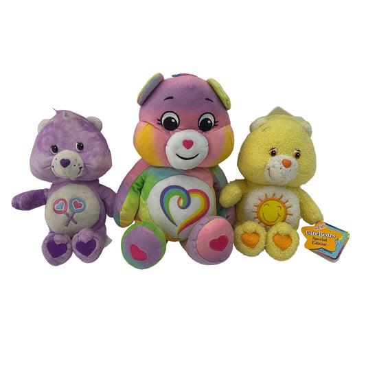 TCFC Plush Mix of 3 Care Bears Funshine Yellow Bear Rainbow Hearts Purple Dolls - Warehouse Toys