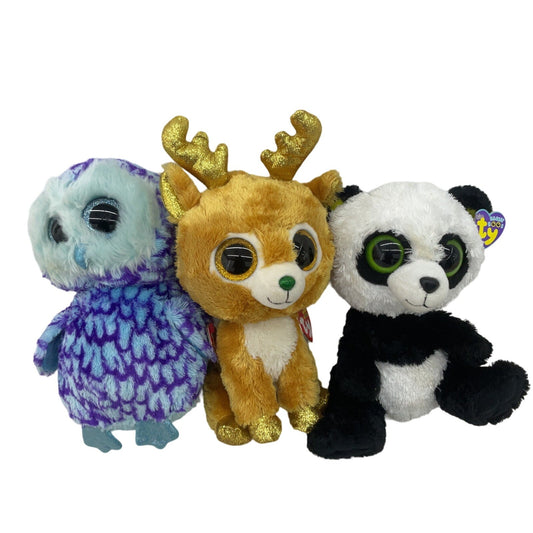 TY Beanie Boos Blue Purple Owl Brown Reindeer Black White Panda Bear Plush Toys - Warehouse Toys