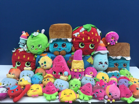 Used lot of 38 Shopkins Food Toys Plush Strawberry Watermelon Fruit Ice Cream - Warehouse Toys