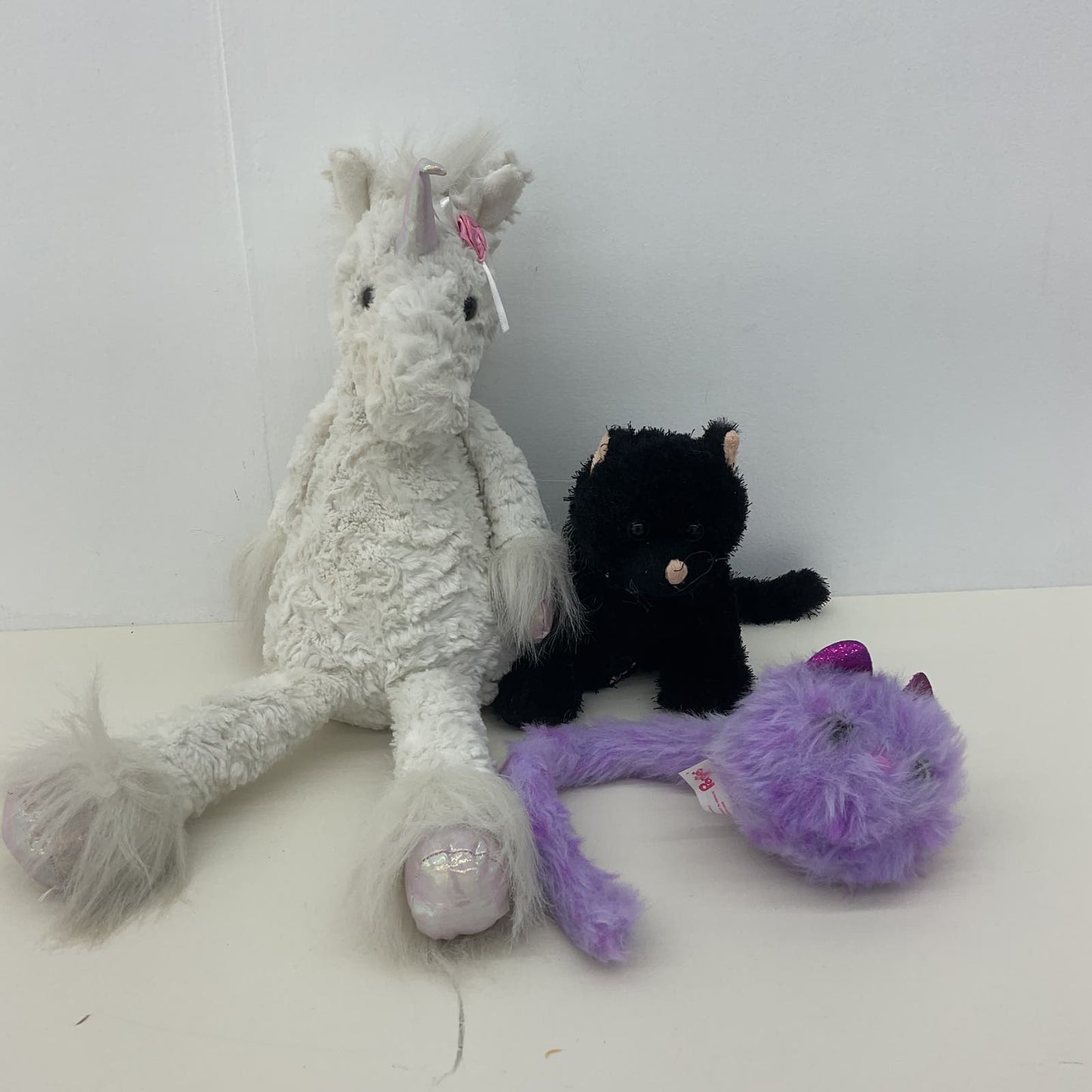 Used Plush LOT Purely Luxe Floppy White Unicorn Black Cat Pomsies Purple Cat - Warehouse Toys