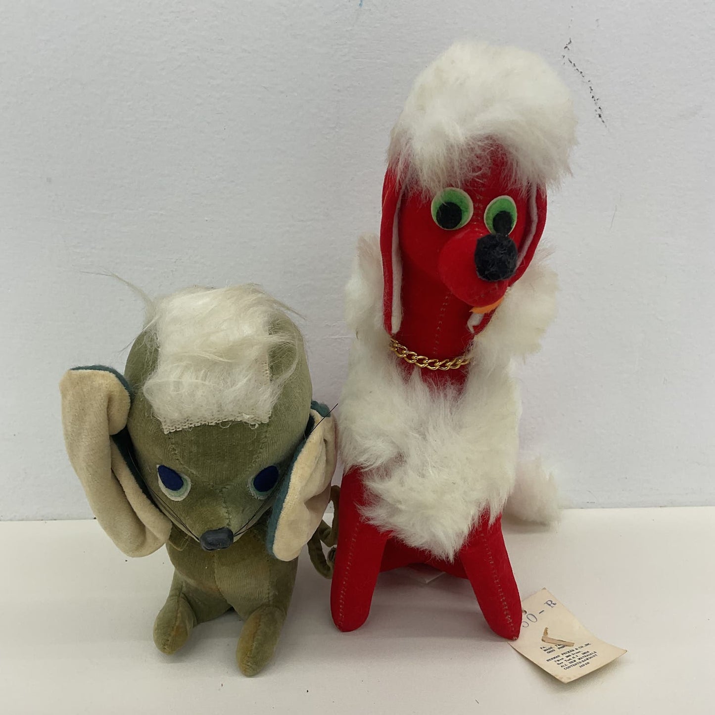 Vintage 1960s Kitsch Red Poodle Dog Kamar Gray Elephant Plush Dolls Figures - Warehouse Toys