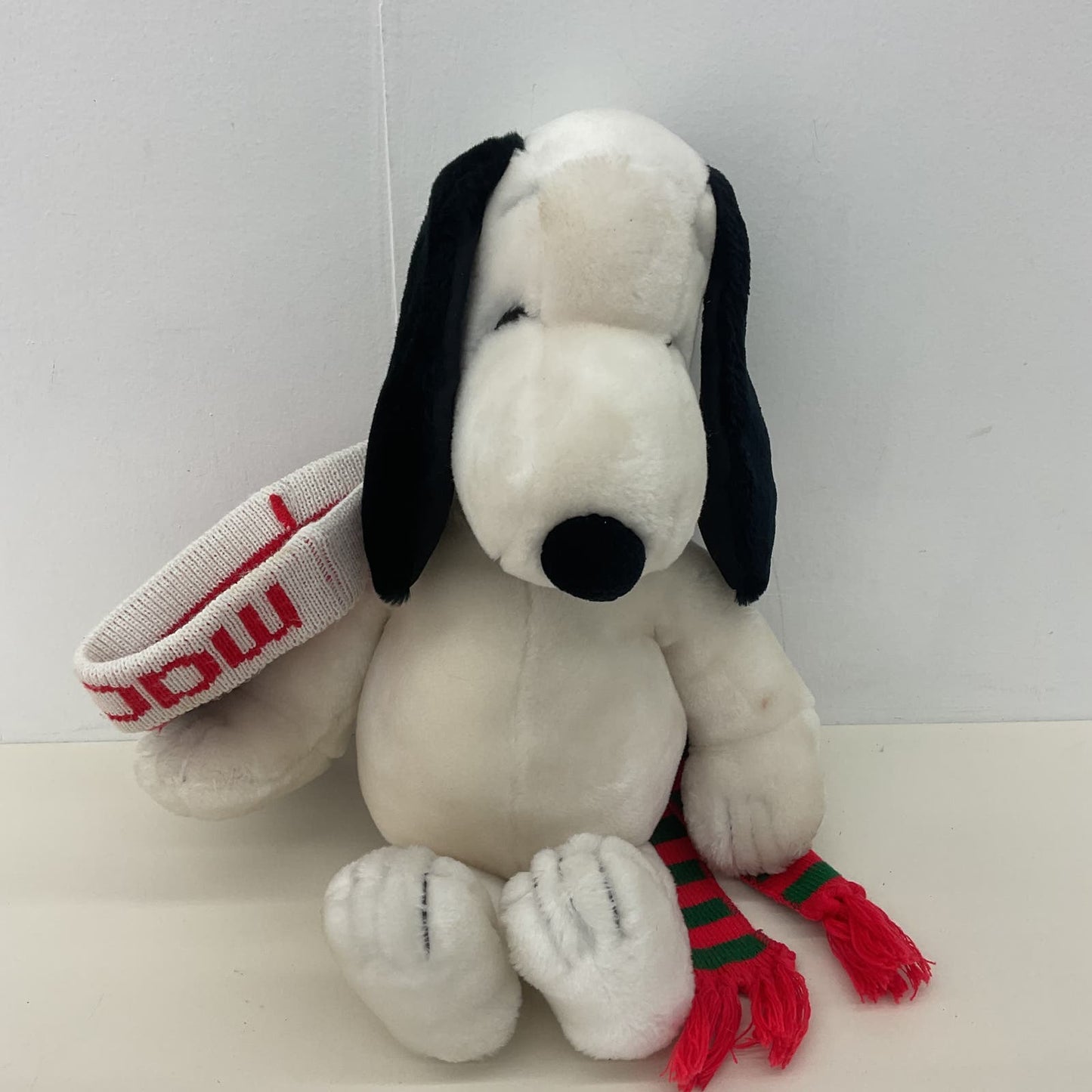 Vintage 1980s Macy's Xmas Peanuts Snoopy Plush Doll in Knit Cap - Warehouse Toys