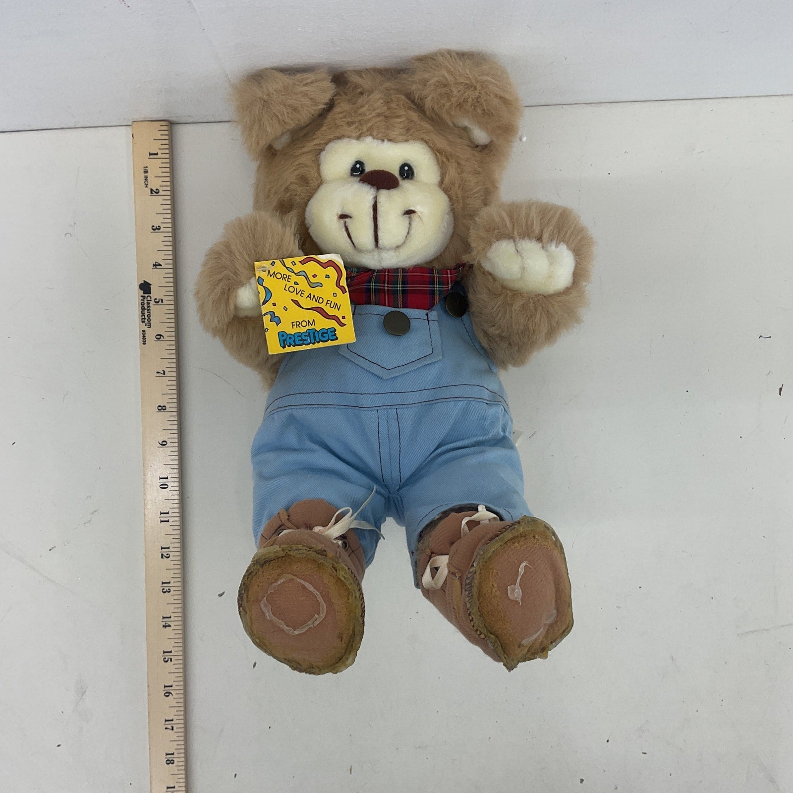 Vintage 1980s Prestige Brown Teddy Bear in Blue Outfit Plush Doll Toy Doll - Warehouse Toys