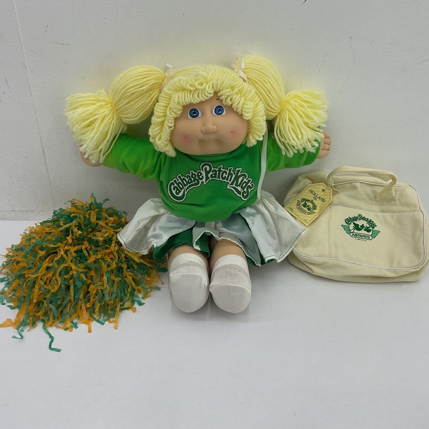 Vintage 1982 CPK Cabbage Patch Kids Blonde Cheerleader Baby Doll w/ Pom Pom Bag - Warehouse Toys