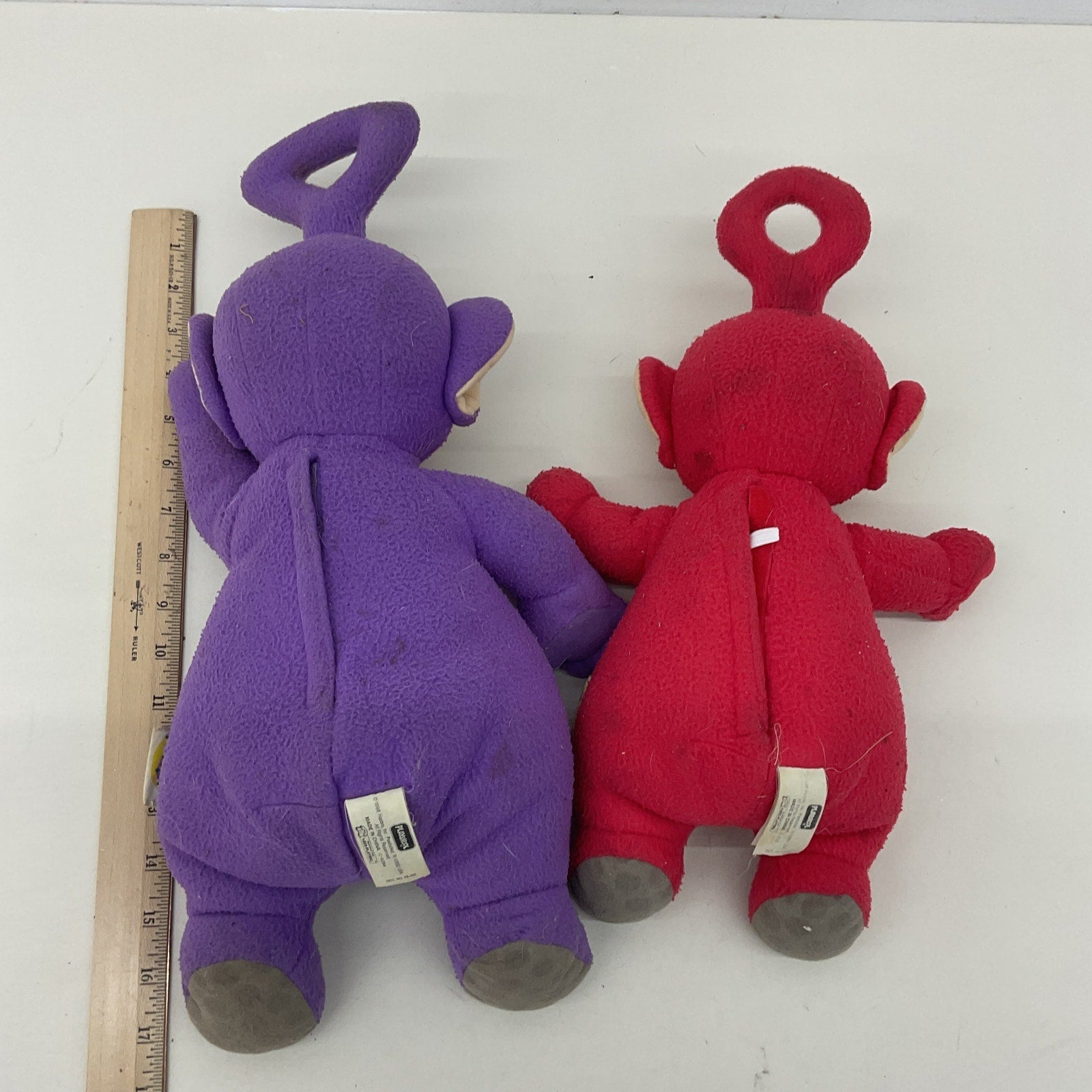 Vintage 1990s Playskool LOT 2 Teletubbies Red Po Purple Tinky Winky Plush Dolls Warehouse Toys