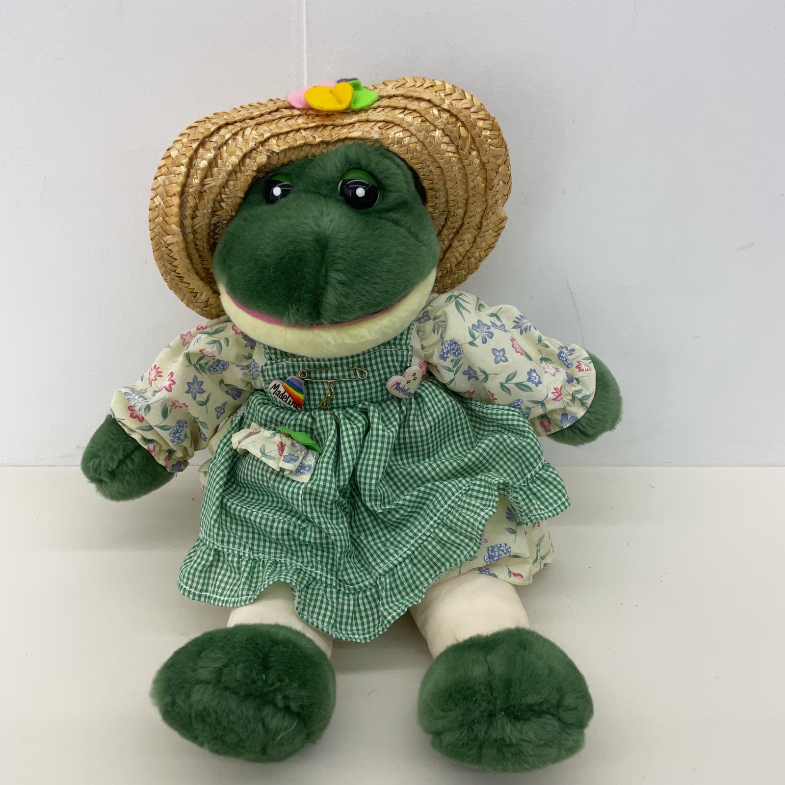 Vintage 1990s Walmart Green Spring Time Frog in Straw Hat Plush Doll Stuffed - Warehouse Toys