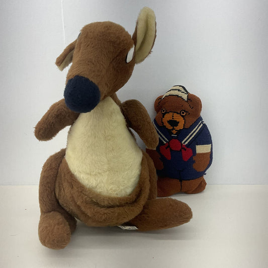 Vintage Animal Fair Large Kangaroo Plush Doll & Handmade Needlepoint Teddy Bear - Warehouse Toys