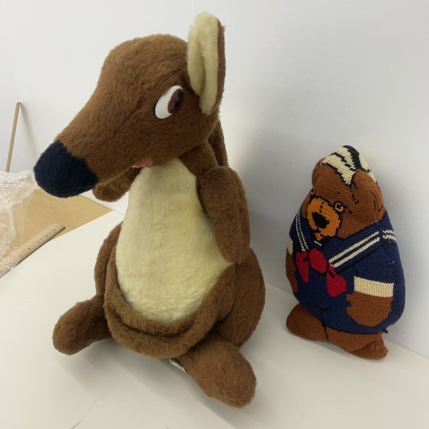 Vintage Animal Fair Large Kangaroo Plush Doll & Handmade Needlepoint Teddy Bear - Warehouse Toys