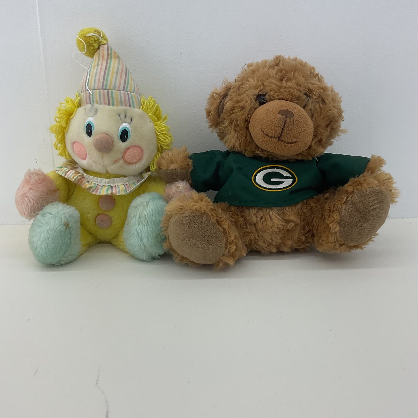 Vintage Dakin 1980s Yellow Clown Doll & Green Bay Packers Brown Teddy Bear Plush - Warehouse Toys