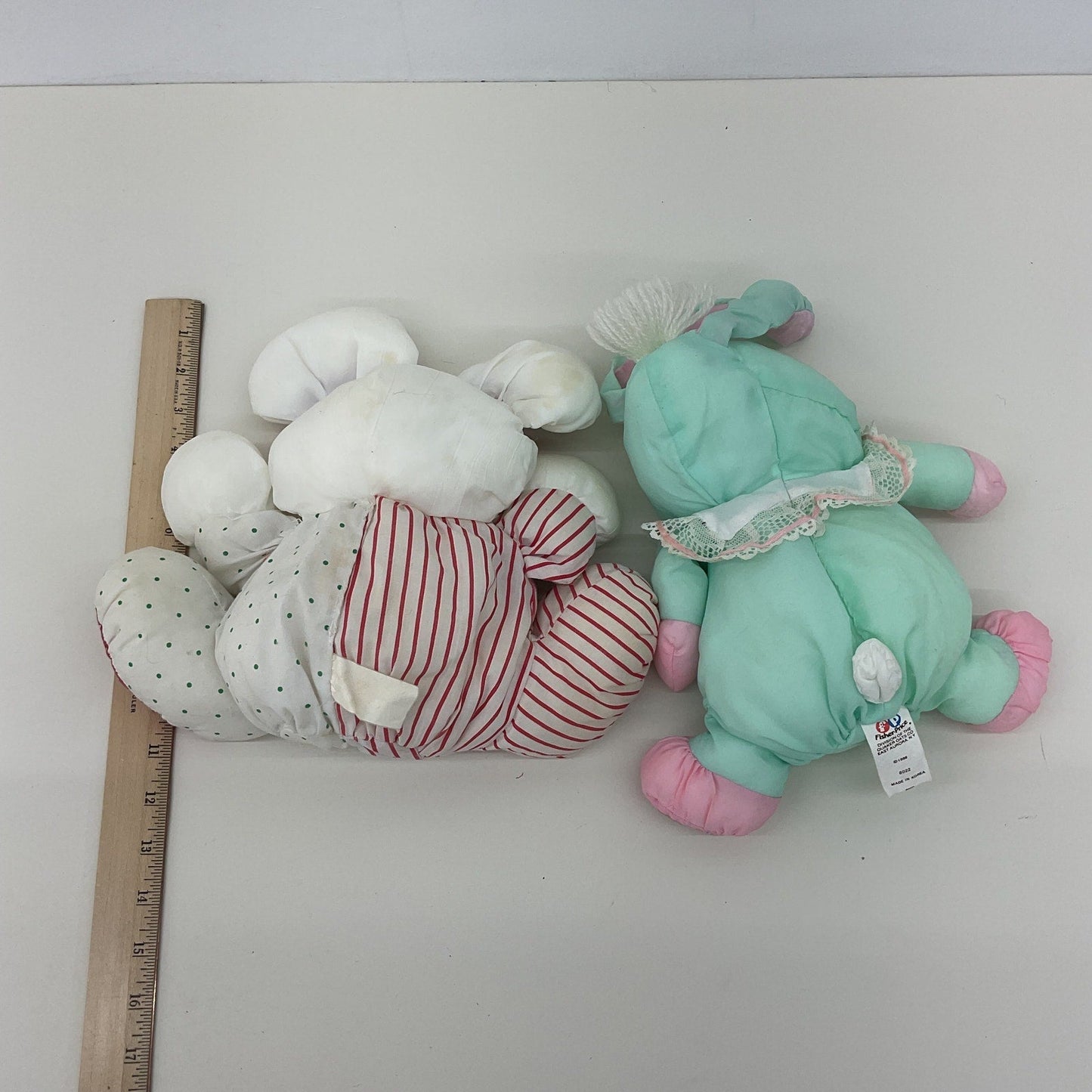 Vintage Fisher Price Puffalumps White Mouse Green Cat Plush Dolls - Warehouse Toys