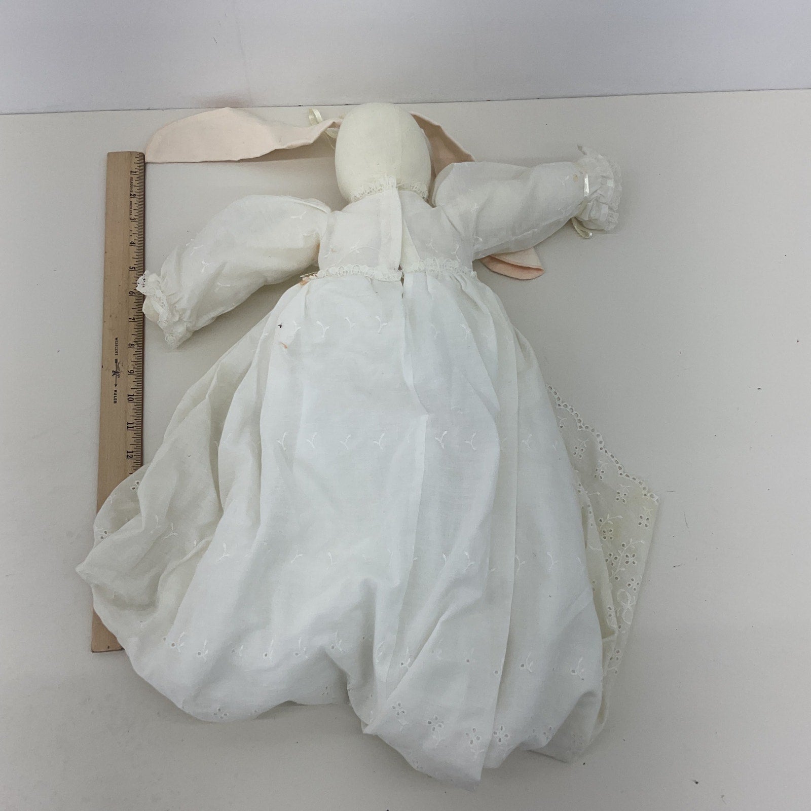 Vintage Handmade Bunny Rabbit Rag Doll in Long White Dress Springtime - Warehouse Toys