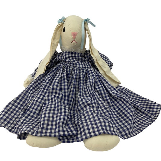 Vintage Handmade Country Home 1990s White Bunny Rabbit in Blue Gingham Dress - Warehouse Toys