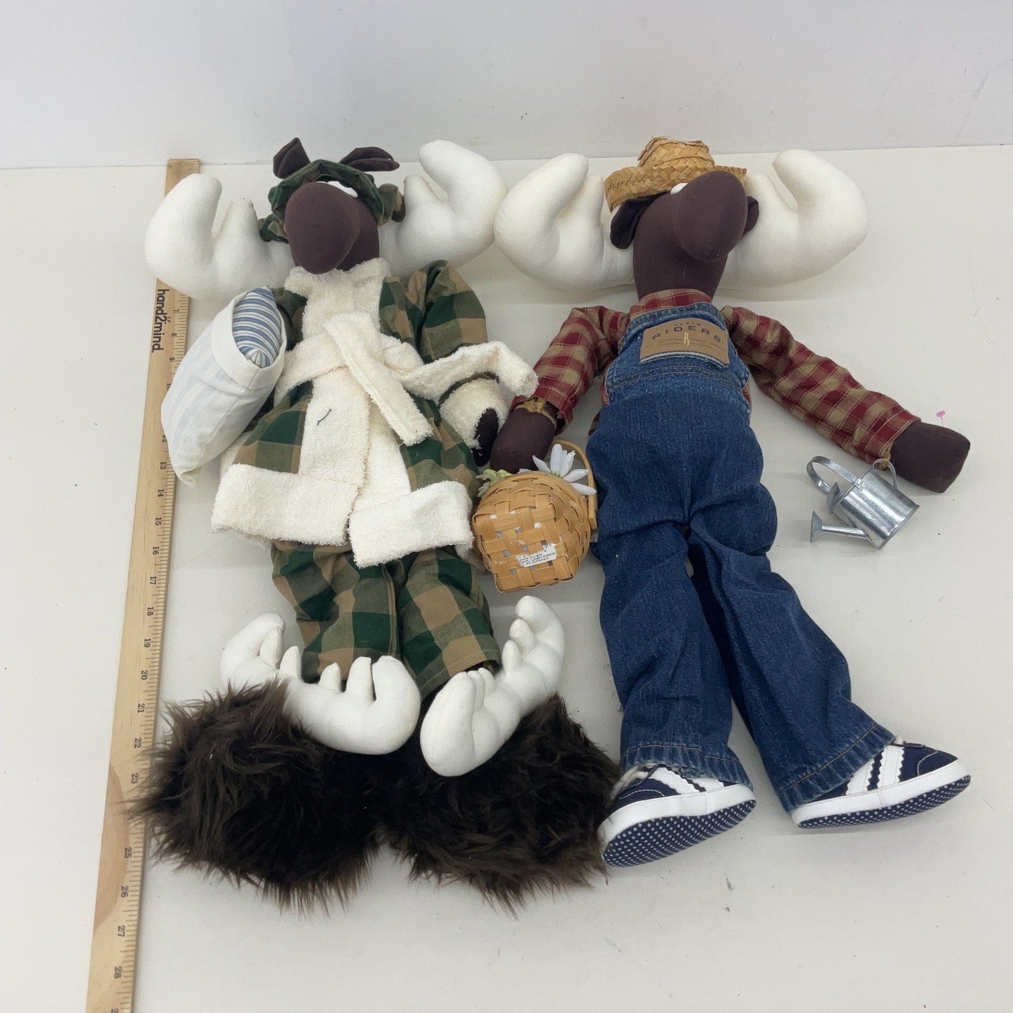 Vintage Handmade Country Home Style LOT 2 Moose Character Plush Dolls in Outfits - Warehouse Toys