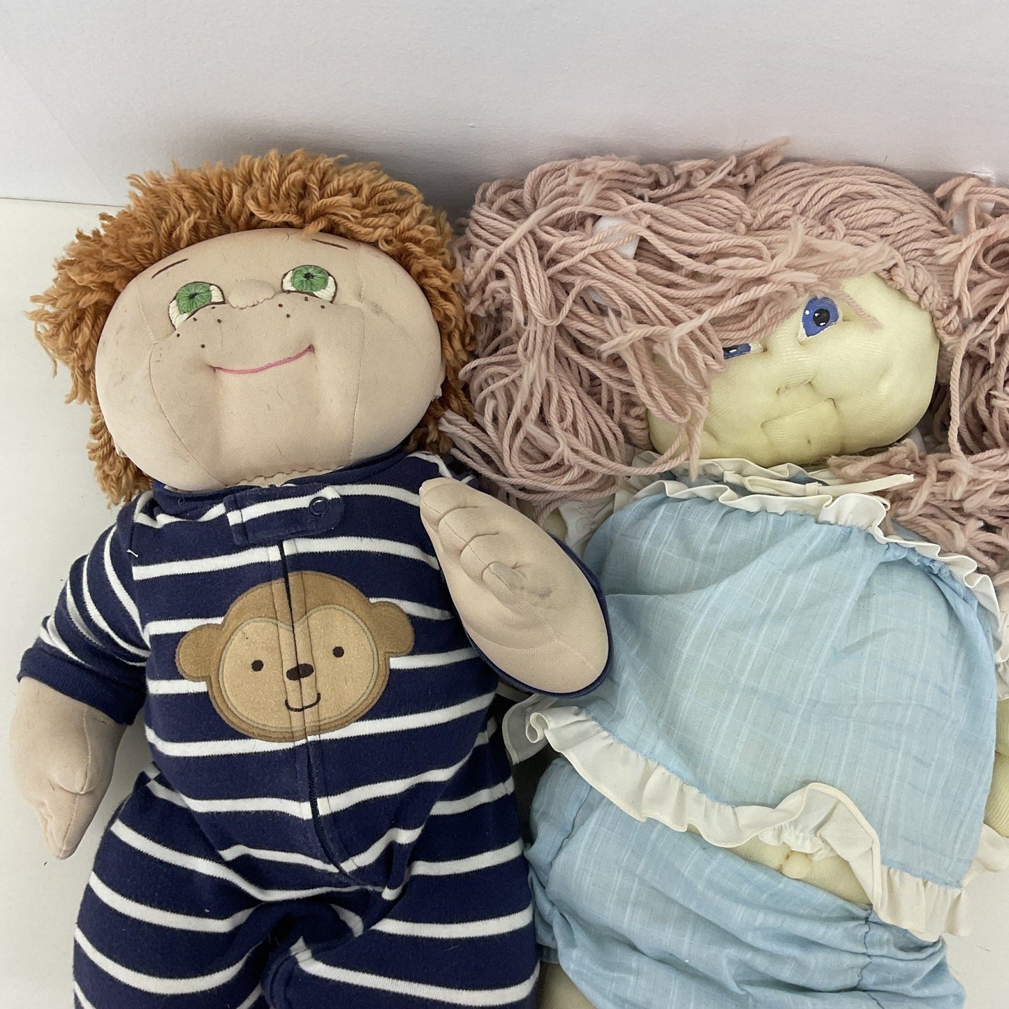 Vintage Handmade Doll LOT of 2 Hand Stitched Face Yarn Hair Preowned SOLD AS IS - Warehouse Toys