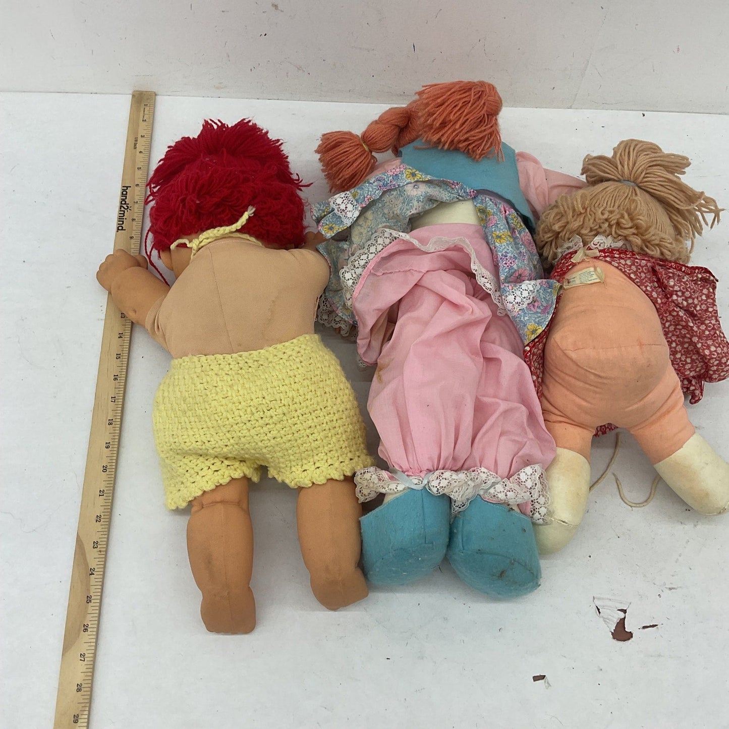 Vintage Handmade LOT Baby Play Dolls Soft Body Yarn Hair Rubber Headed 1980s - Warehouse Toys