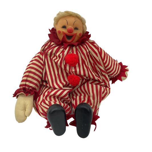 Vintage Haunted Pierrot Clown Doll Rubber Head Striped Red White Outfit SPOOKY - Warehouse Toys