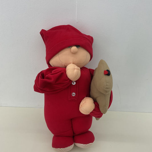 Vintage Hugachum Little Sleepy Boy with Teddy Bear Red Pajamas Plush Doll 80s - Warehouse Toys