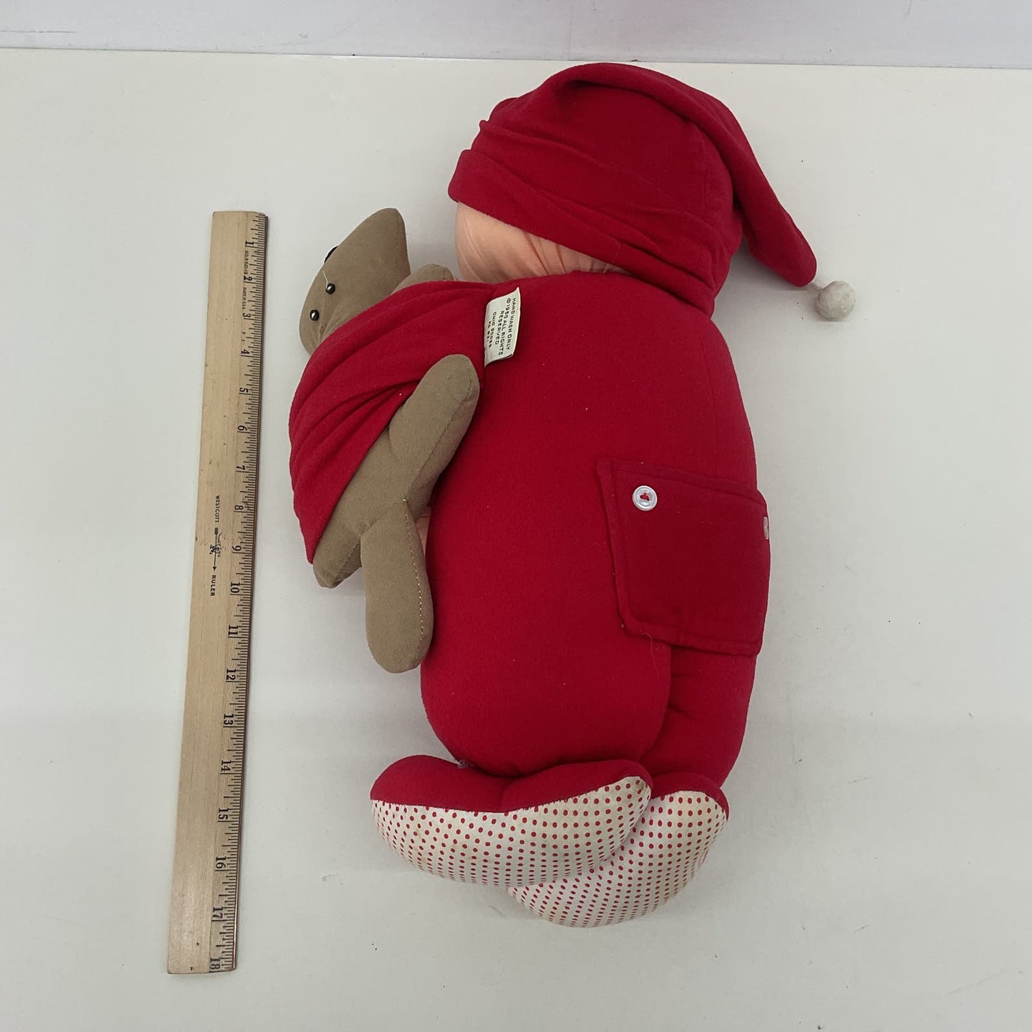 Vintage Hugachum Little Sleepy Boy with Teddy Bear Red Pajamas Plush Doll 80s - Warehouse Toys