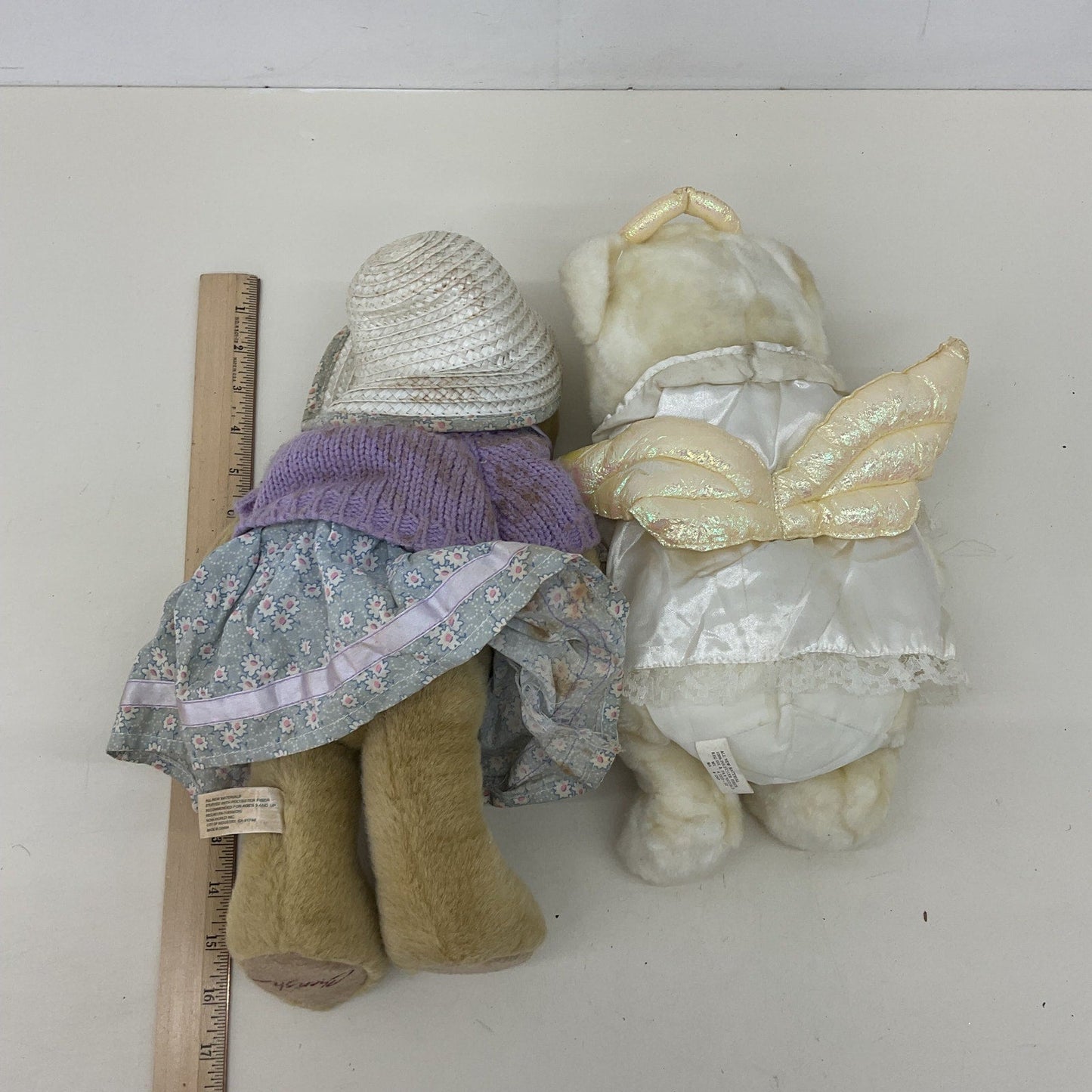 Vintage LOT 2 Plush Dolls Angel White Kitty Cat & Mother Teddy Bear & Baby Toys - Warehouse Toys