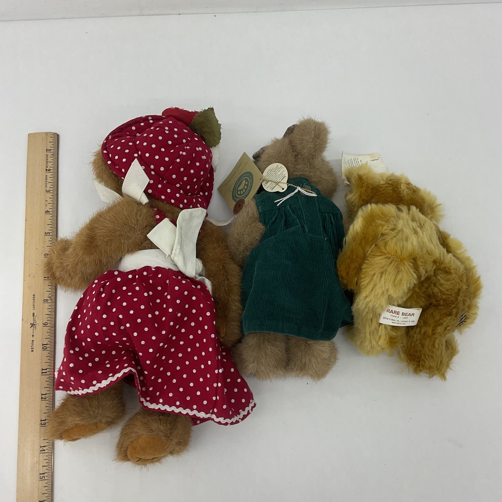 Vintage LOT 3 Brown Jointed Teddy Bear Plush Dolls Boyds Rare Bear Red Dress - Warehouse Toys