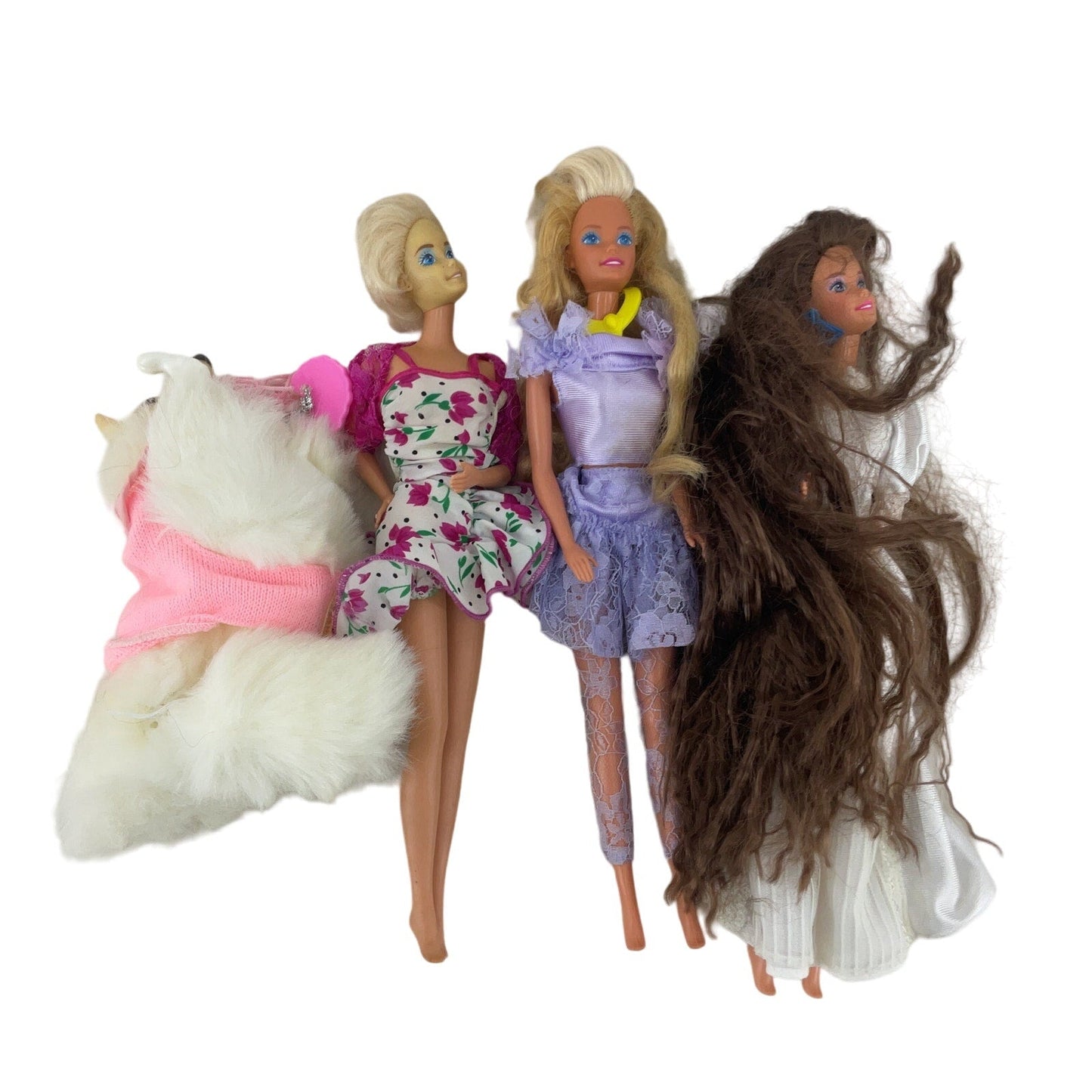 Vintage Mattel Barbie & Others Play Fashion Dolls & Shaggy White Dog Pet Loose - Warehouse Toys