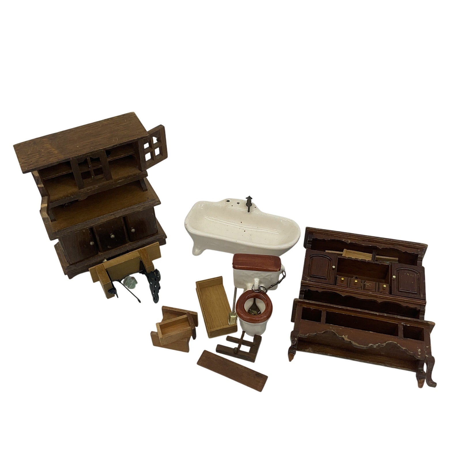 Vintage Miniature Dollhouse Wooden Furniture Bathtub China Cabinet Toilet Etc - Warehouse Toys