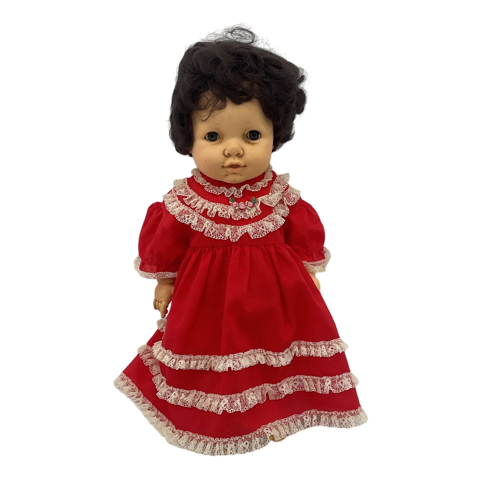 Vintage Play Baby Doll 1985 Cititoy Brunette Baby Doll Little Girl Red Dress - Warehouse Toys