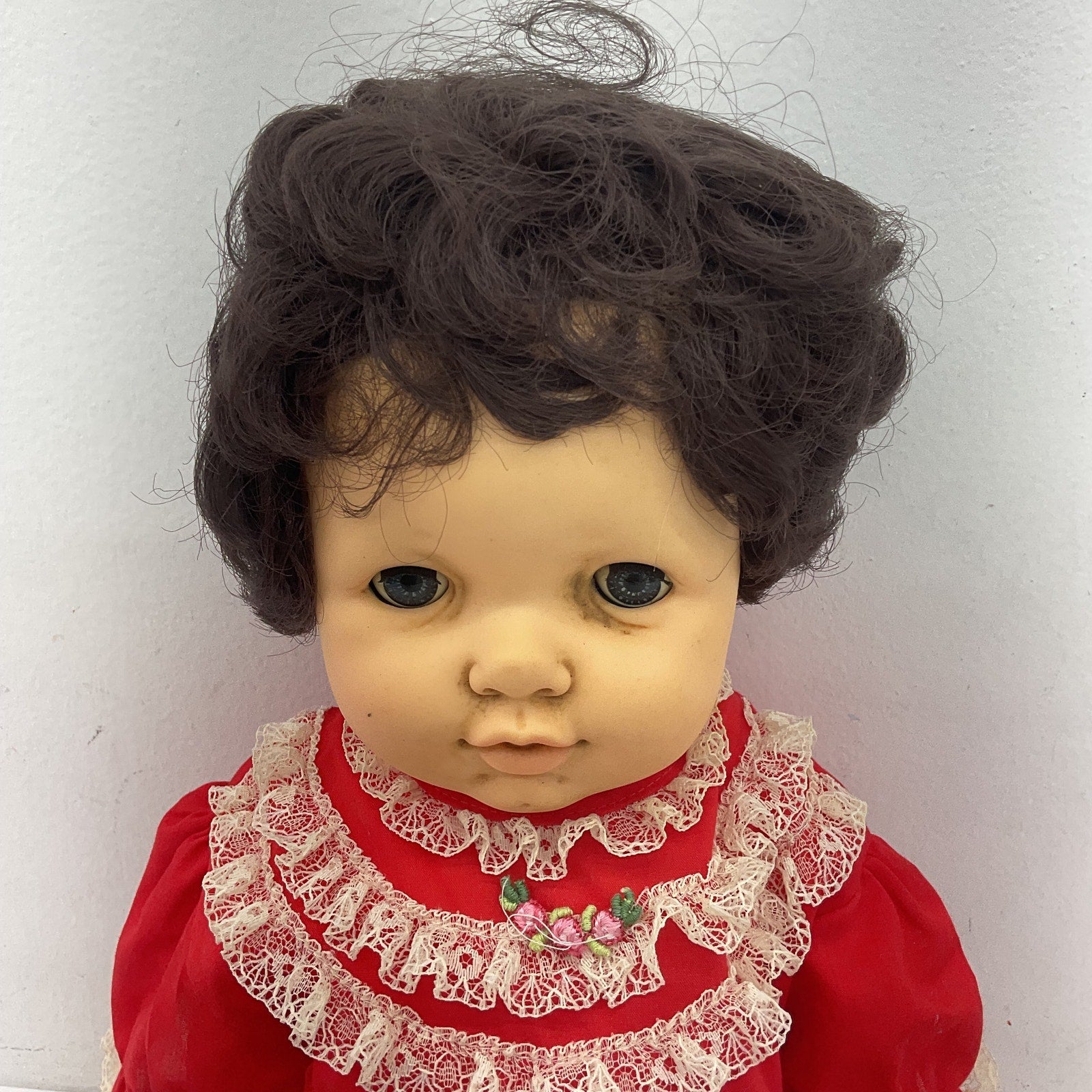 Vintage Play Baby Doll 1985 Cititoy Brunette Baby Doll Little Girl Red Dress - Warehouse Toys