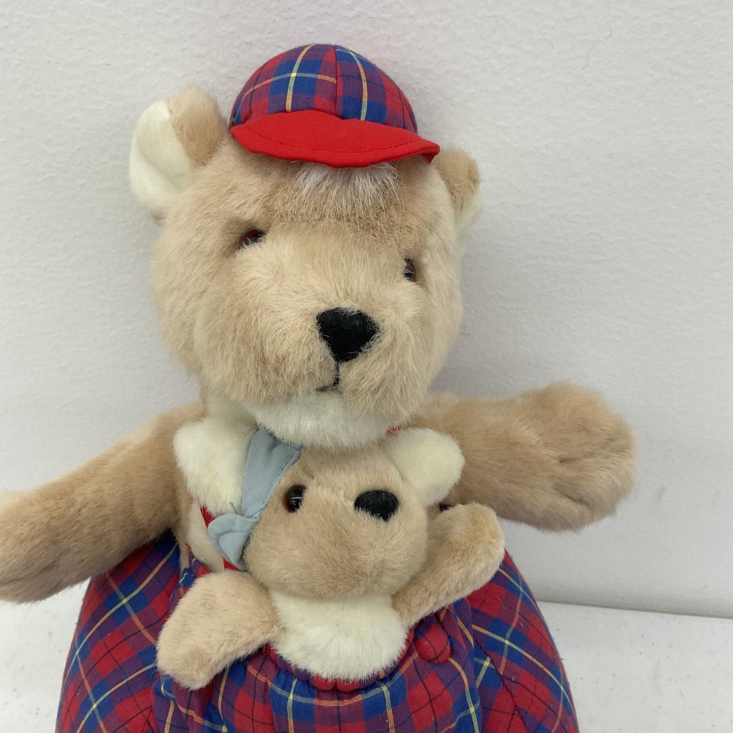 Vintage Plush Creations Inc. Brown Teddy Bear in Gingham Outfit w/ Small Baby - Warehouse Toys