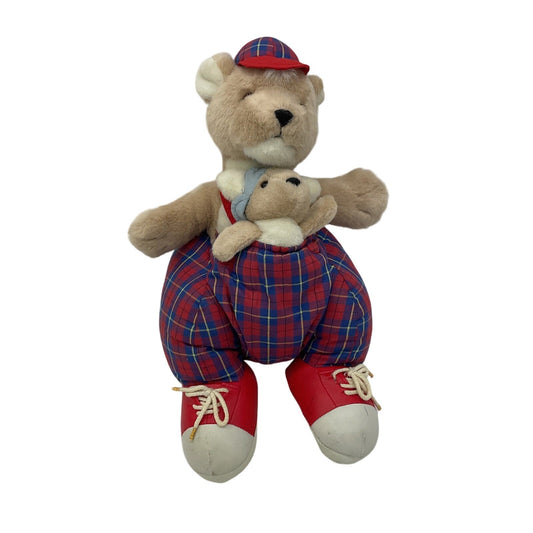 Vintage Plush Creations Inc. Brown Teddy Bear in Gingham Outfit w/ Small Baby - Warehouse Toys