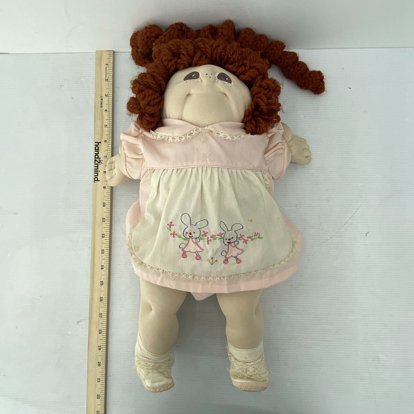 VTG 1982 Handmade Yarn Hair Plush Baby Doll in Bunny Themed Dress Used - Warehouse Toys