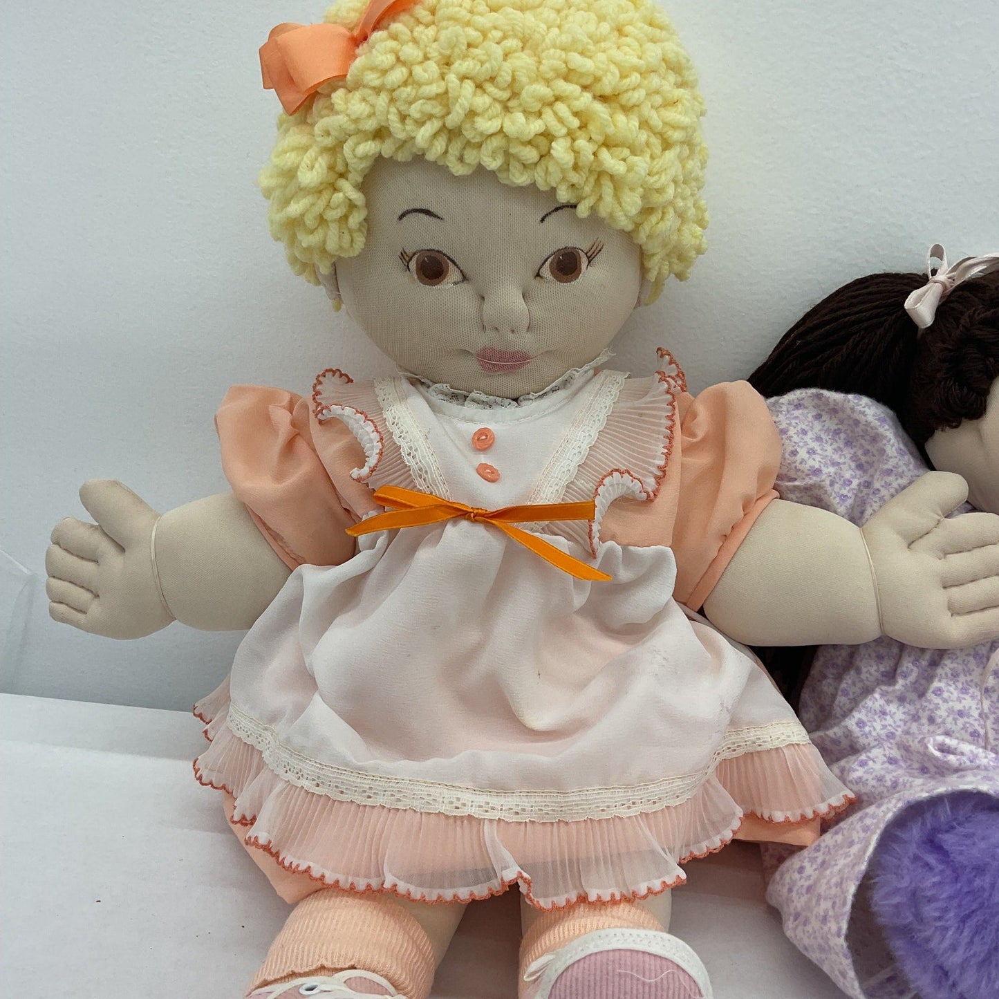 VTG LOT 2 Handmade Soft Bodied Yarn Hair Plush Girl Dolls Blonde Brunette - Warehouse Toys