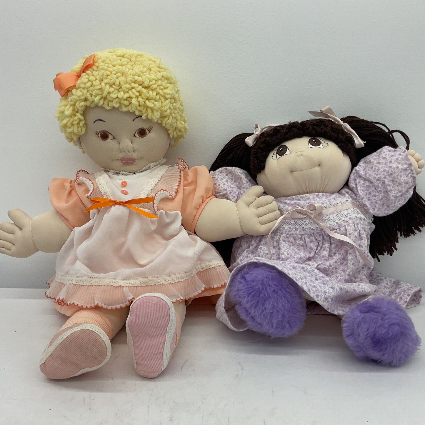 VTG LOT 2 Handmade Soft Bodied Yarn Hair Plush Girl Dolls Blonde Brunette - Warehouse Toys