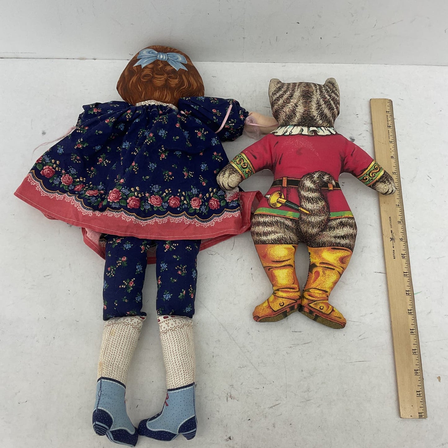 VTG LOT 2 Storybook Illustration Pillow Soft Body Plush Dolls Cat Little Girl - Warehouse Toys