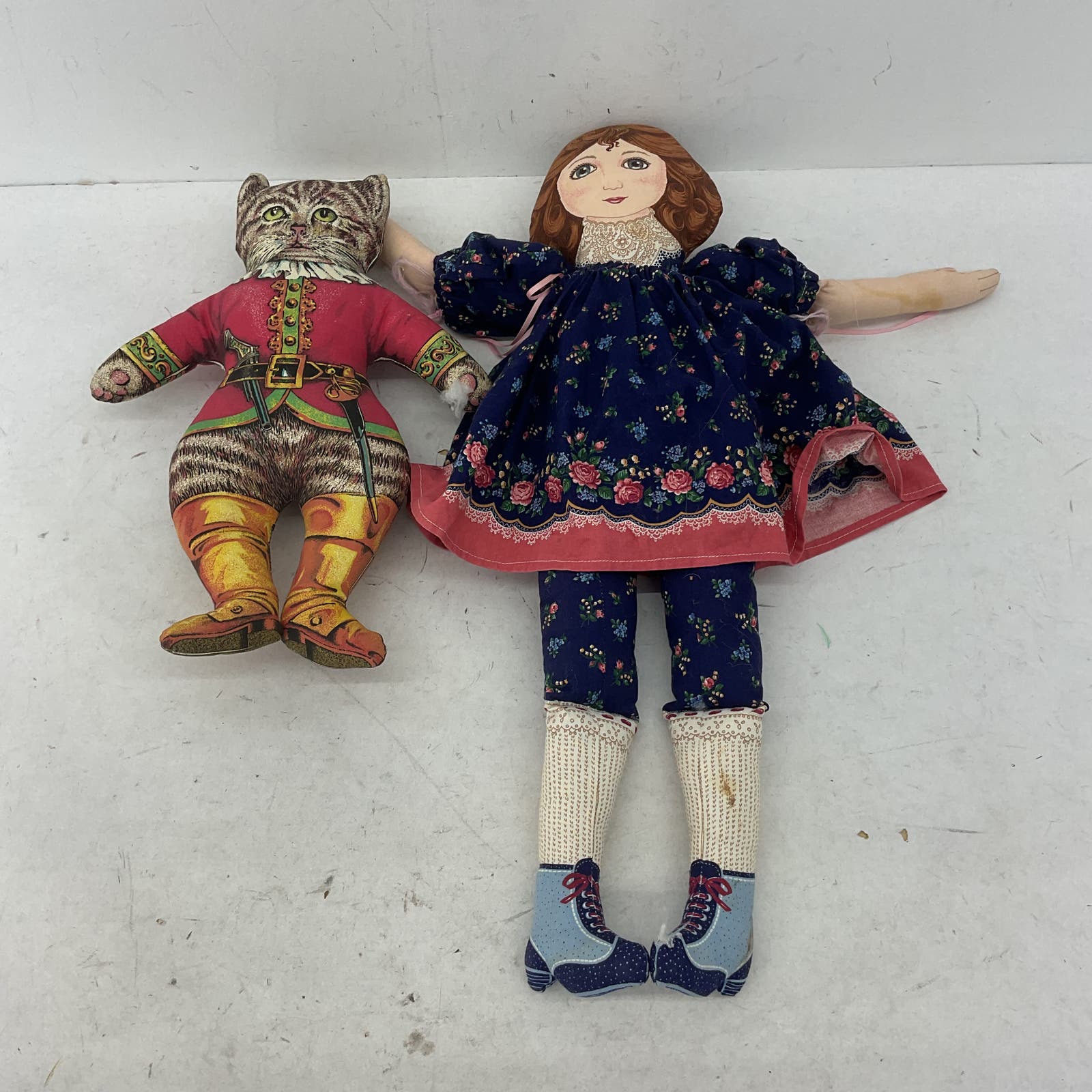 VTG LOT 2 Storybook Illustration Pillow Soft Body Plush Dolls Cat Little Girl - Warehouse Toys