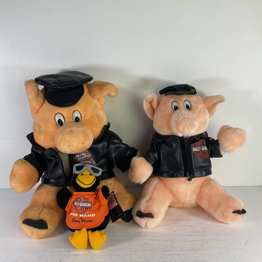 VTG Lot of 3 Harley Davidson Hog Pig Bikers in Jackets Soft Plush Stuffed Animal - Warehouse Toys