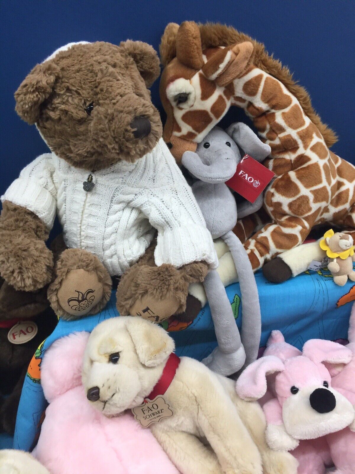 LOT 18 FAO Schwarz Penelope Dog Bear Giraffe Cat Plush Large & Small 3" to 24" - Warehouse Toys