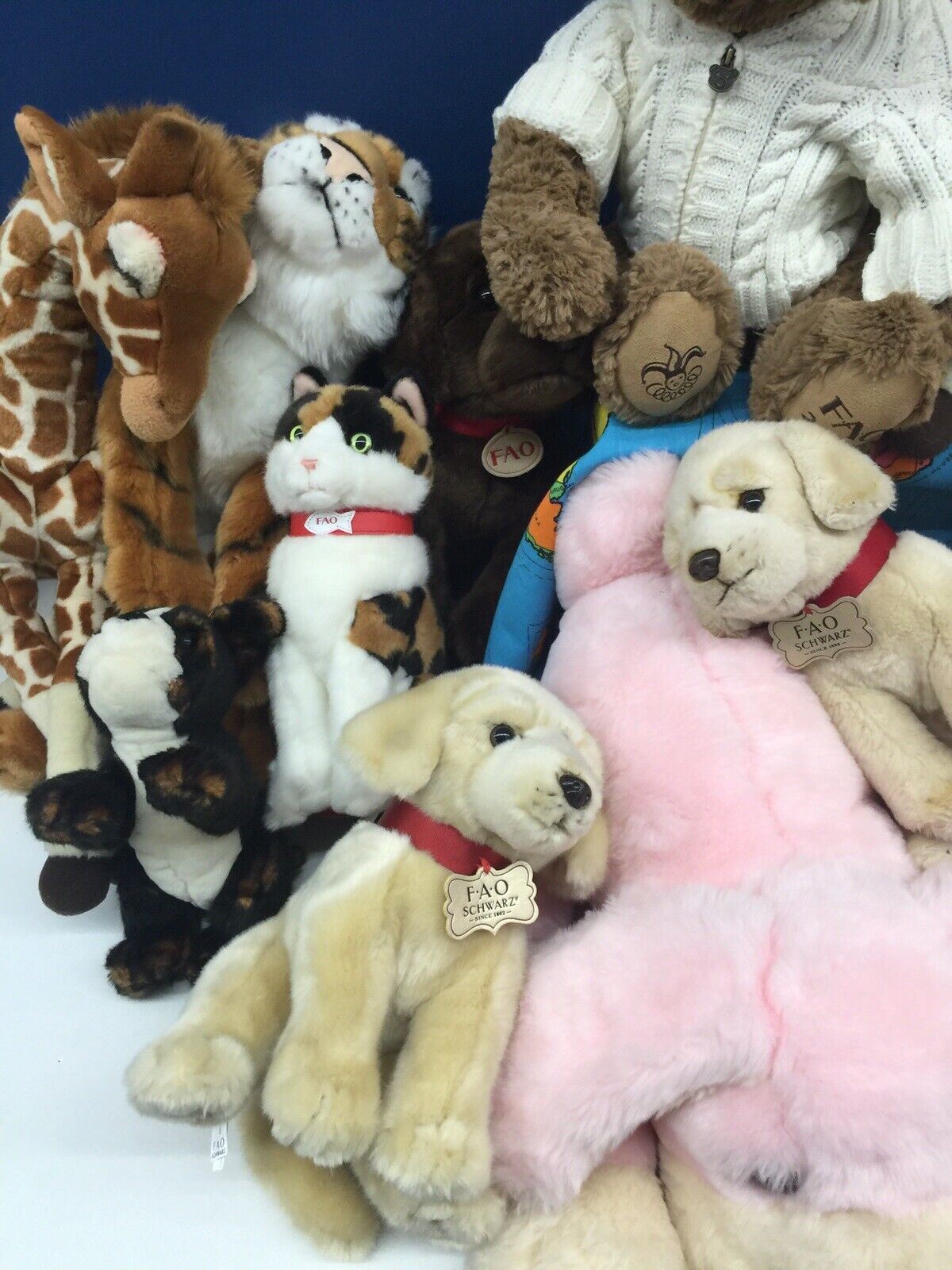 LOT 18 FAO Schwarz Penelope Dog Bear Giraffe Cat Plush Large & Small 3" to 24" - Warehouse Toys